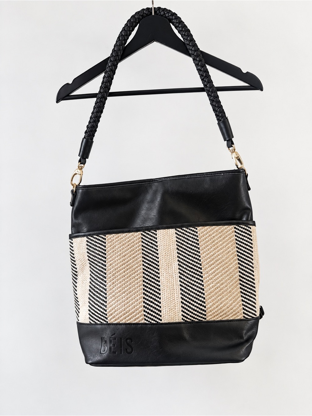 BÉIS Convertible Tote Bag Black Cream Woven Travel Bag